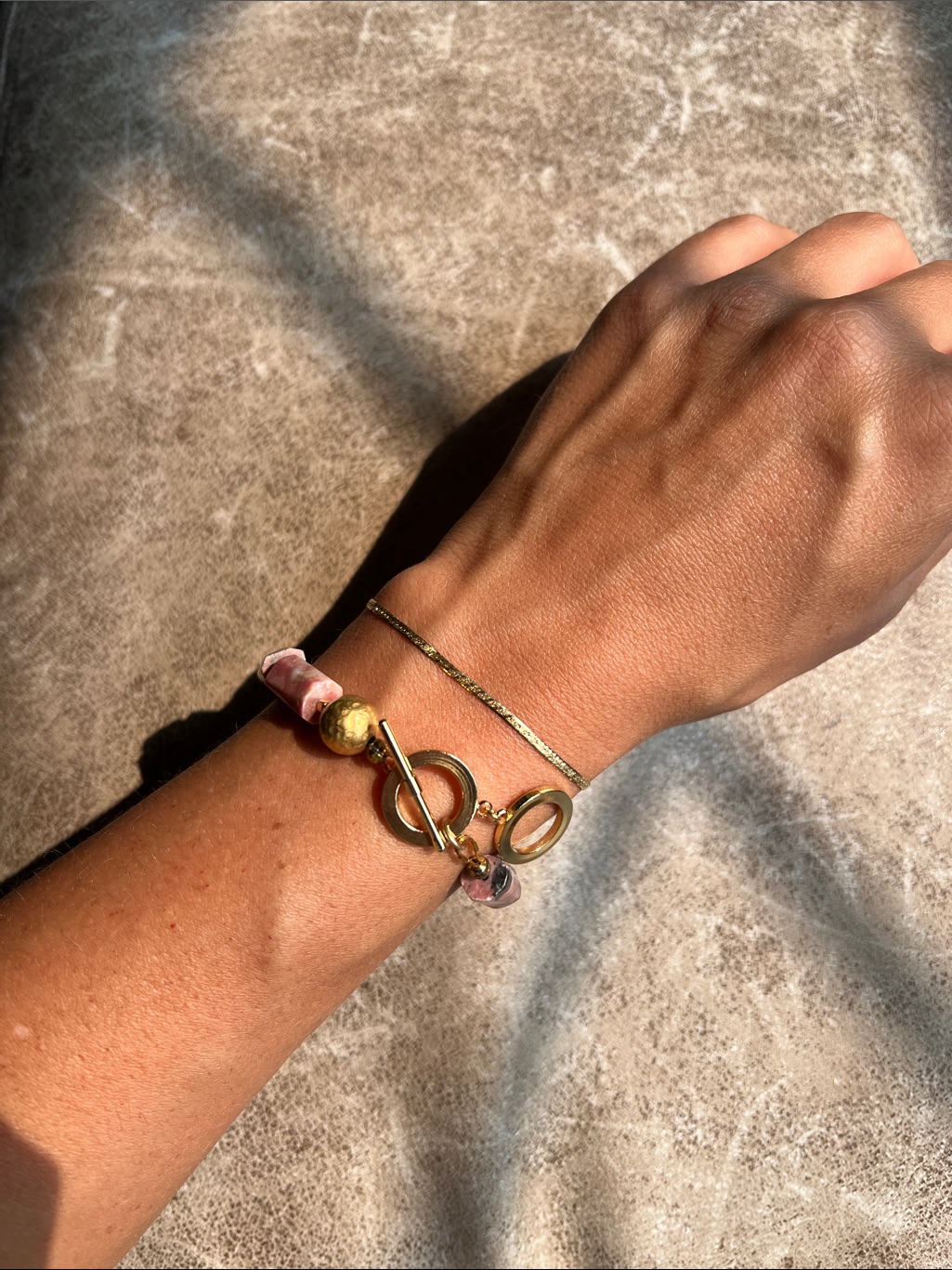 Gold Bracelet With Pink Bead Accents - Women's Fashion Bracelet